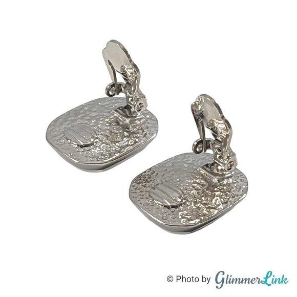 Vintage Black Rectangular Faceted Glass Stone Silver Tone Clip On Earrings - Picture 8 of 12